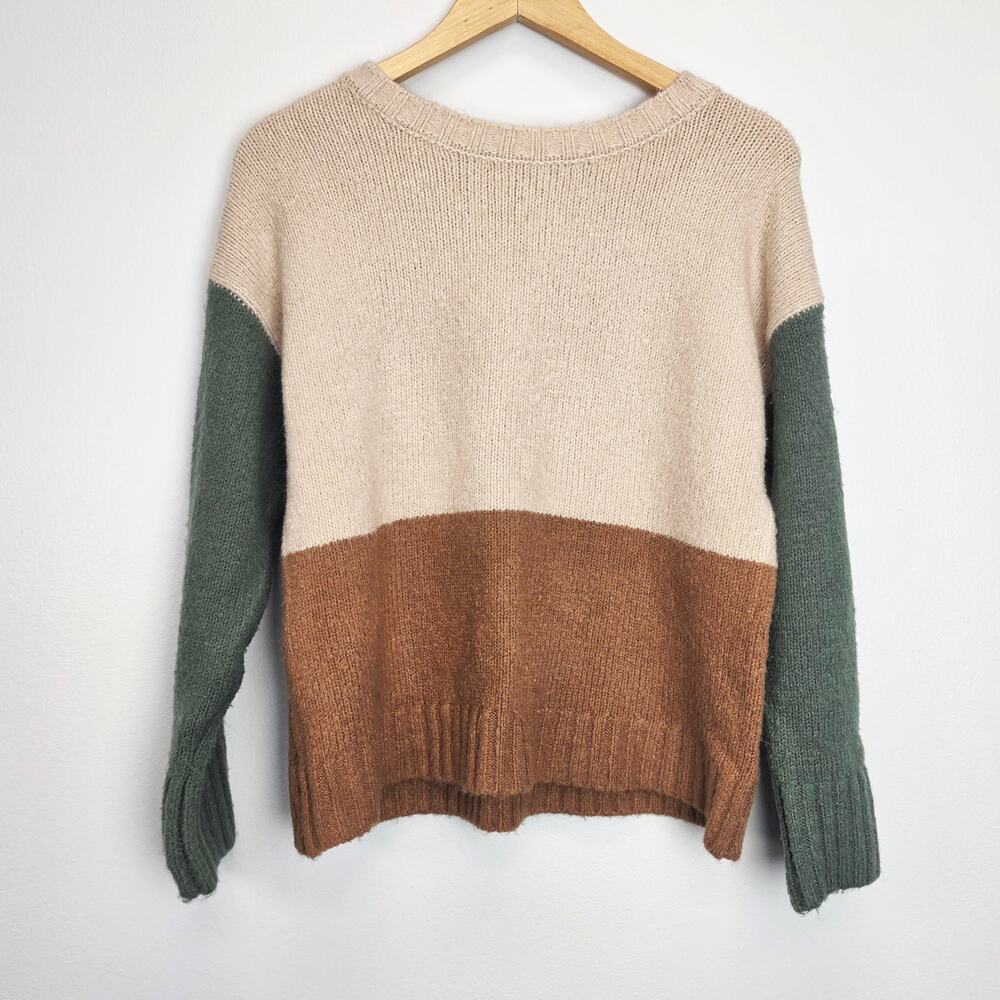 Baltic Born Colorblock Randi Pullover Sweater Size M Green Beige Tan Knit - Picture 2 of 7